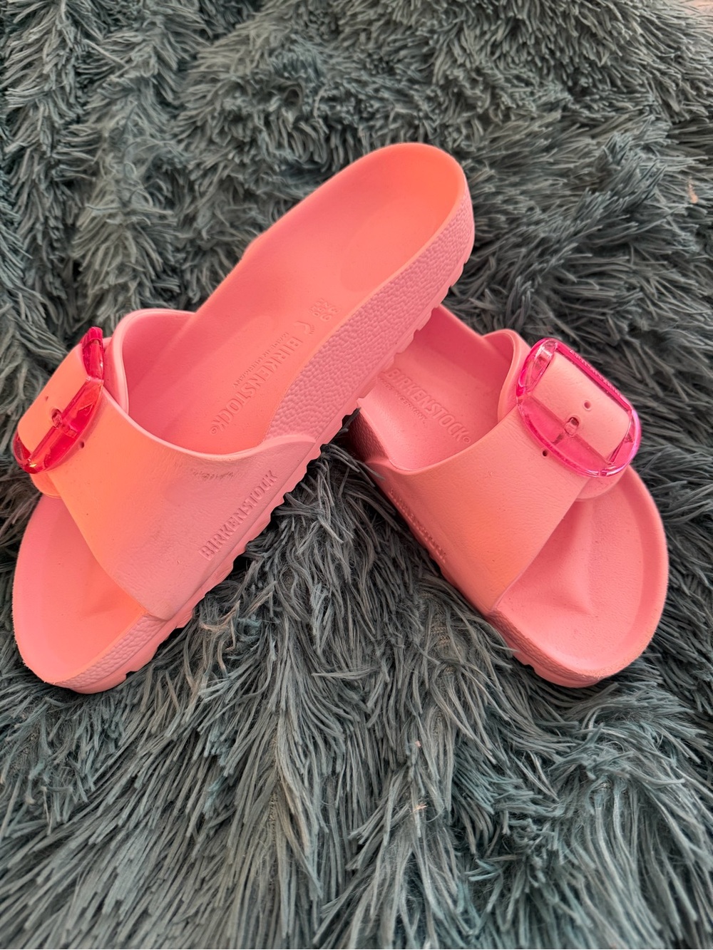 Birkenstock Pink EVA Slide Sandals with Translucent Pink Buckles